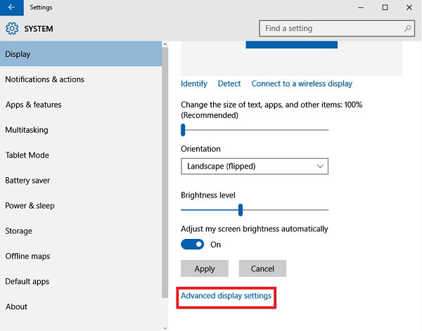 advanced display settings windows 10