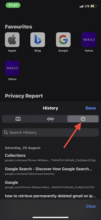 iphone safari history gone