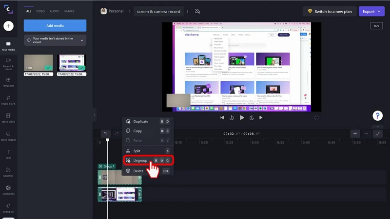 Ungroup the video | clipchamp screen recorder
