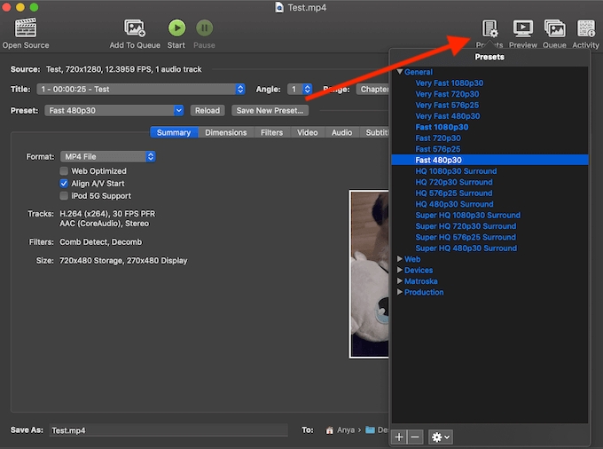 Using HandBrake step 2 | compress video quicktime