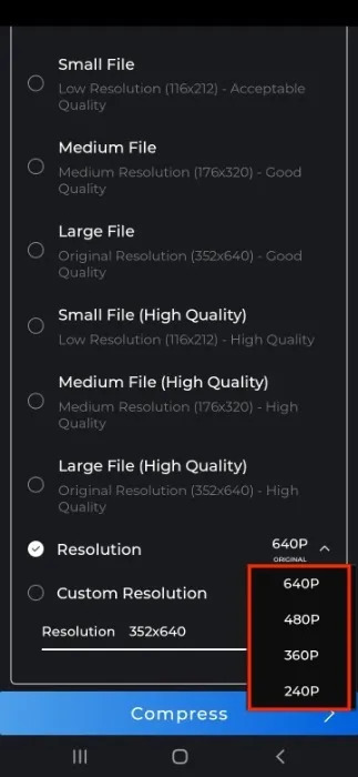 Resolution | how to compress a video on android