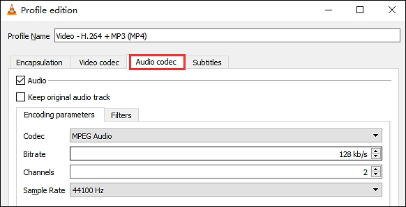 Changing Audio Encoding Parameters step 4 | compress video with vlc