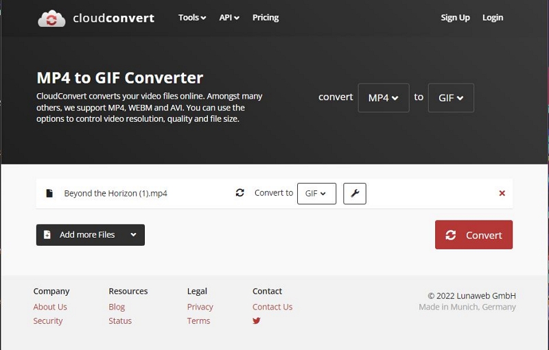 Using CloudConvert step 2 | MP4 to gif