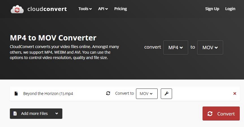 with CloudConvert step 2 | convert mp4 to mov