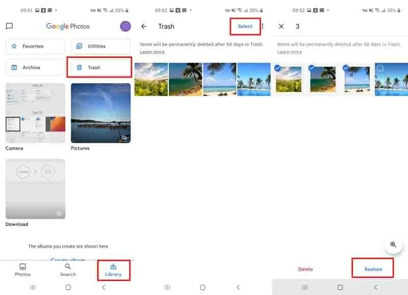 Use Google Photos | recover deleted videos android