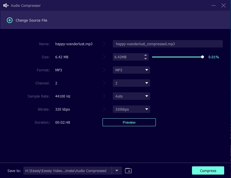 Eassiy audio editor step 2 | Change Bitrate of MP3