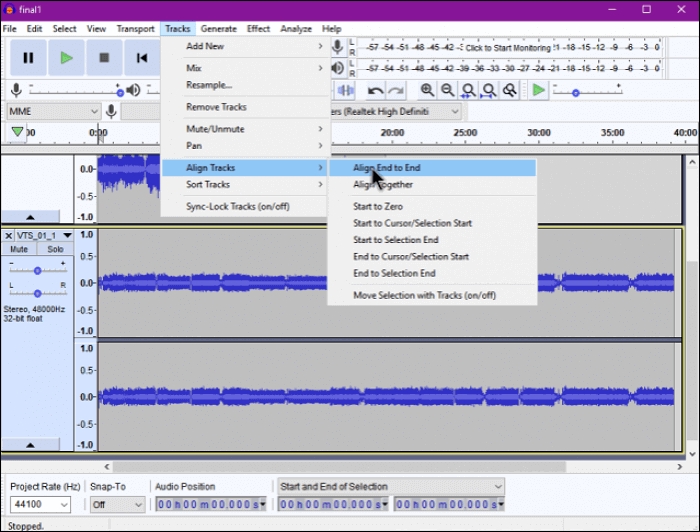 Merge M4A Files with audacity step 2