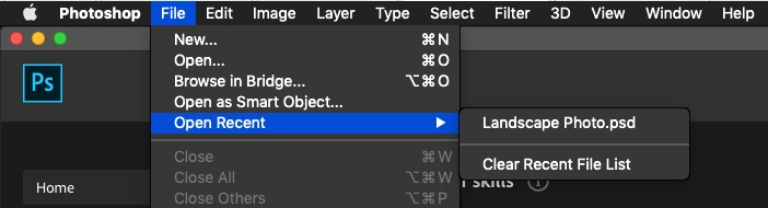 open recent mac | recover photoshop file
