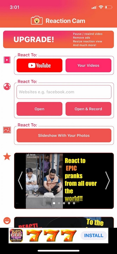 Reaction Cam interface | screen recorder iphone