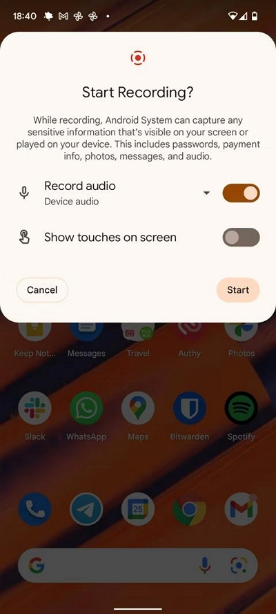 組み込みのスクリーン レコーダーを使用する手順 2 | YouTube Androidからオーディオを録音する