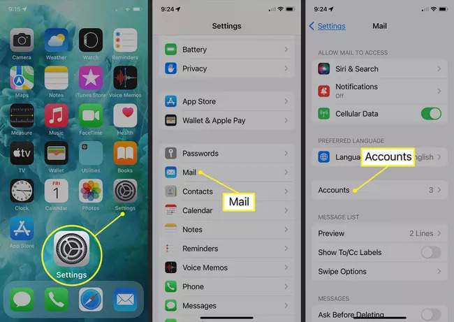 By Checking Email Account Settings step 1 | how to recover deleted notes on iphone