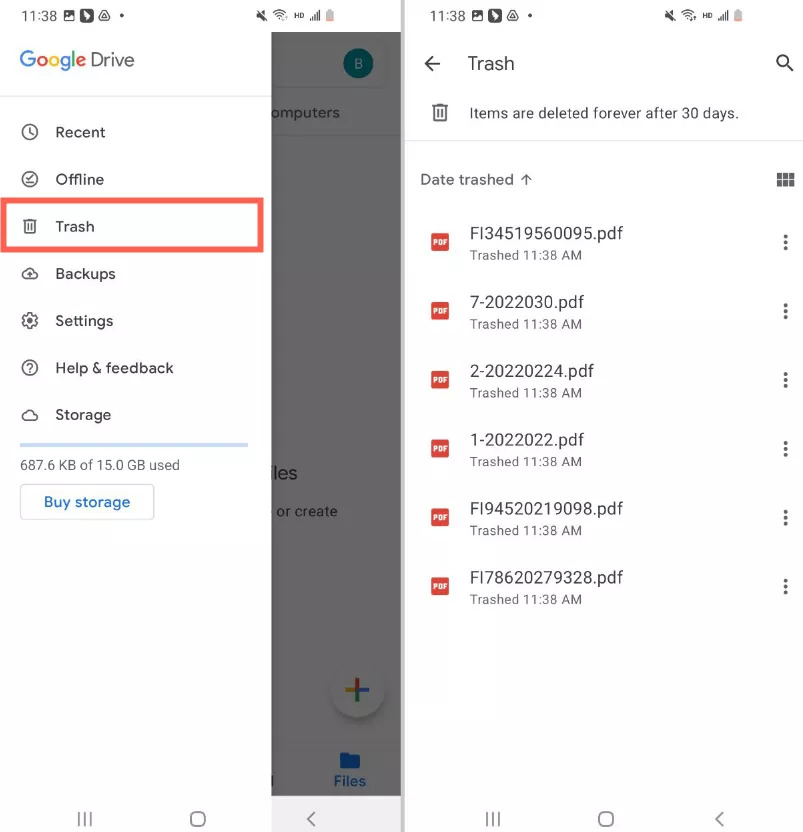 via Google Drive Trash | how to restore deleted pdf files in android