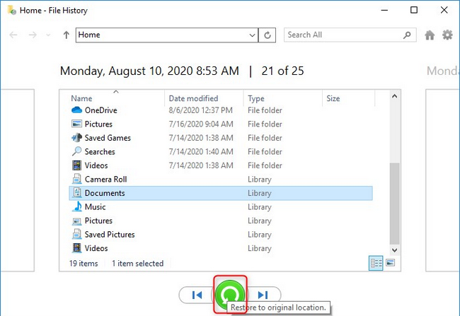 with File History step 3 | recover deleted files from recycle bin