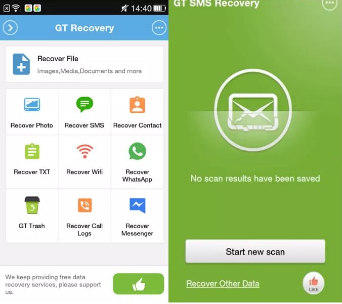 App GT Recovery step 1 | retrieve deleted text message android