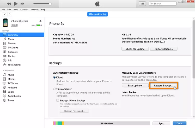 use iTunes step 2 | recover deleted imessages on iphone