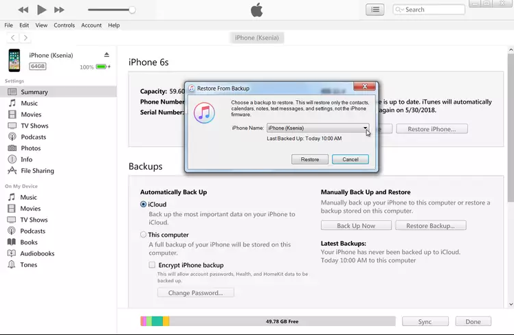 use iTunes step 3 | recover deleted imessages on iphone
