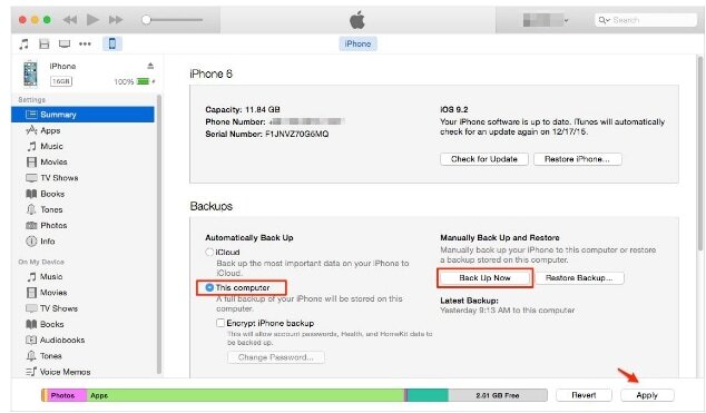 iTunes ステップ 1 経由 | iPhoneでGmailの連絡先を回復する