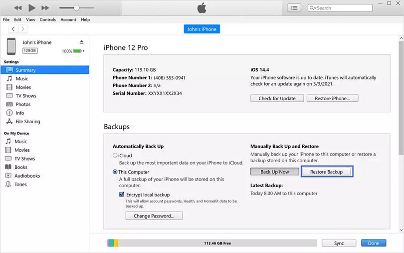 Using iTunes backup | recover deleted contacts iphone