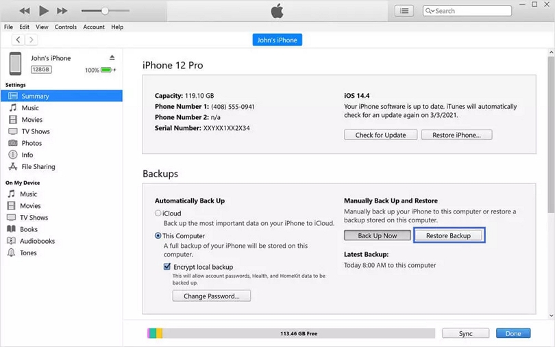 iTunes バックアップの使用 | 削除された連絡先のiPhoneを回復する