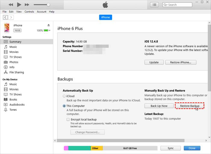 mit iTunes Backup Schritt 2 | So stellen Sie gelöschte Notizen auf dem iPhone wieder her