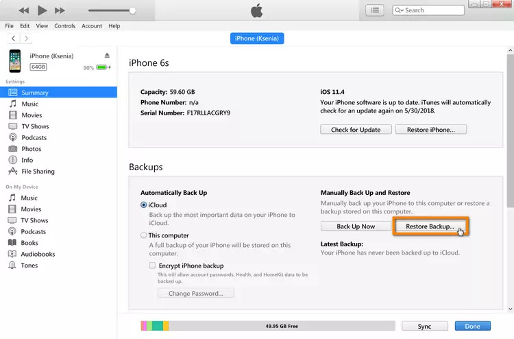 ステップ 2 iTunes でスナップチャット メッセージを取得する | Snapchat メッセージの iPhone を回復します。