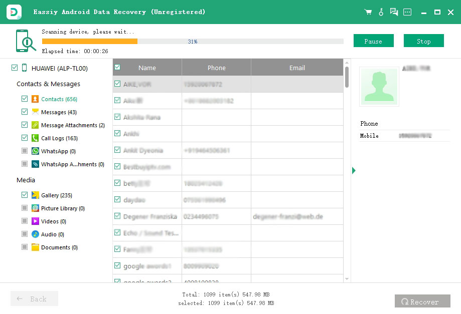 Eassiy Android Data Recovery scan speed | yodot android data recovery