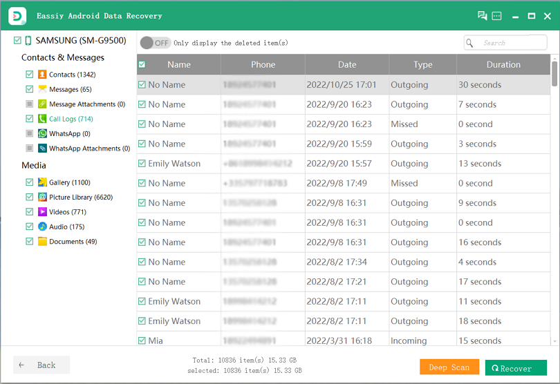 Eassiy Android Data Recovery Schritt 4 | Gelöschte Anrufliste auf Android wiederherstellen