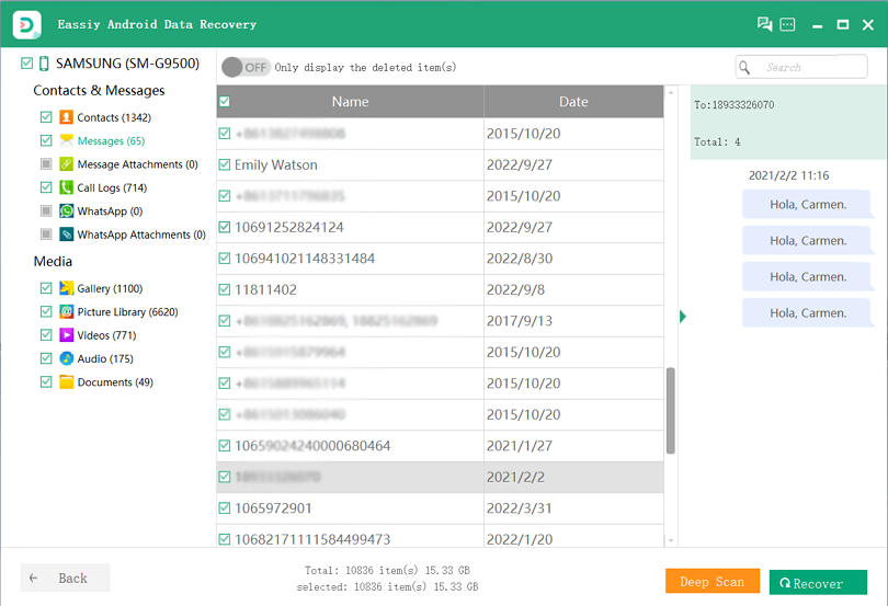 Eassiy Android Data Recovery Schritt 4 | Gelöschte SMS abrufen Android