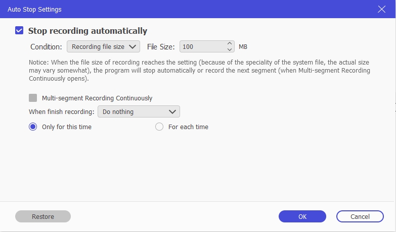 set file size auto stop recording