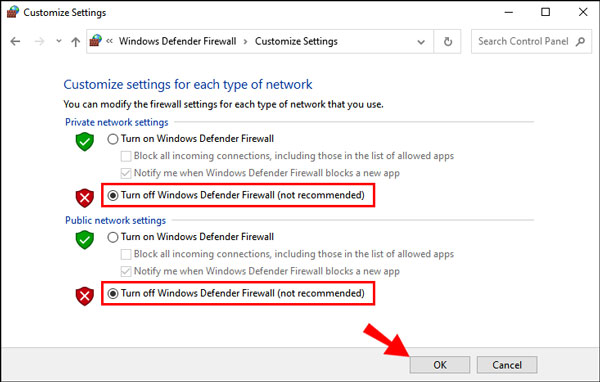 Turn off Windows Defender Firewall