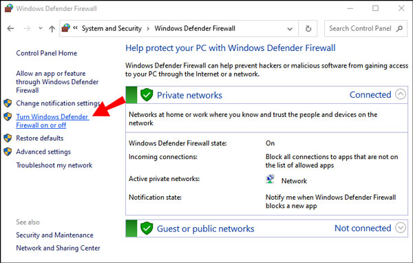 Windows Defenderファイアウォールを有効または無効にする