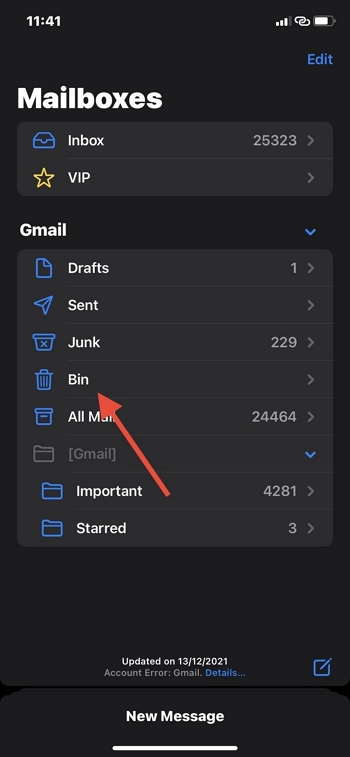 click on bin | how to recover permanently deleted emails from gmail on iphone