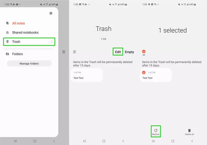 from Trash Folder | recover deleted samsung notes