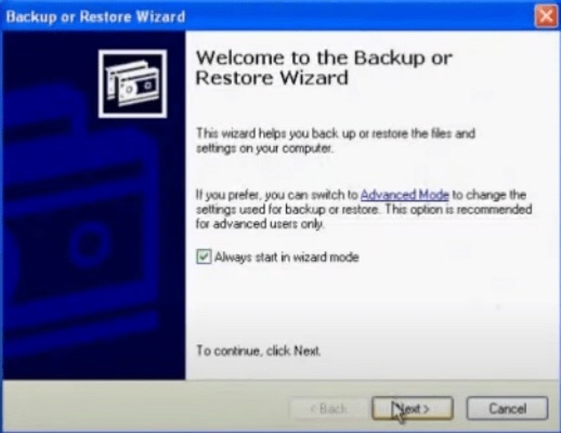 The Backup or Restore wizard | recover data Windows XP Drive