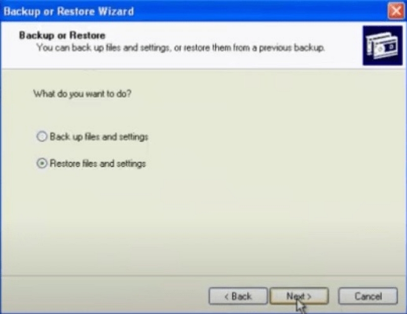 Select Restore files | recover data Windows XP Drive