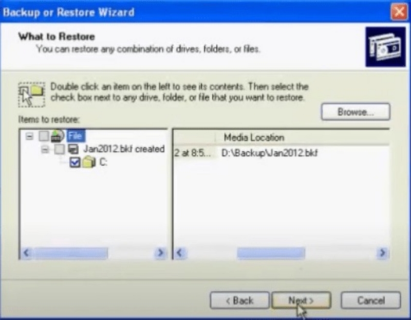 Select your backup folder | recover data Windows XP Drive