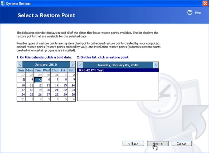  select a restore point | recover data Windows XP Drive